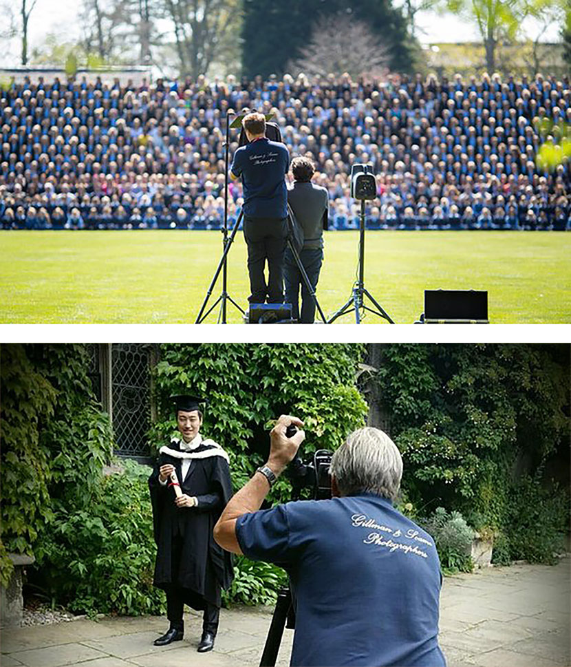 Photographs of a photographer taking a whole school group; and a graduation portrait